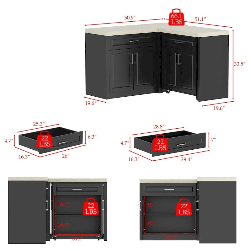 Meuble d'angle de cuisine efficace, îlot de cuisine en L : Grand espace de rangement avec tiroirs à glissière fluide, comptoir UV
