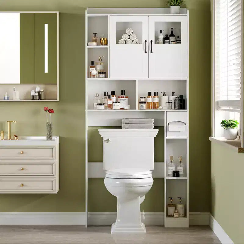 Meuble de rangement pour toilettes – Organisateur de salle de bain de style ferme de 171 cm de haut avec étagère réglable et porte en verre pour salle de bain, buanderie