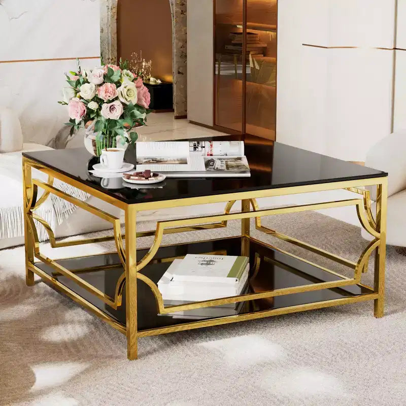 Table basse carrée Merax avec plateau en verre noir ou transparent et étagère de présentation à deux niveaux
