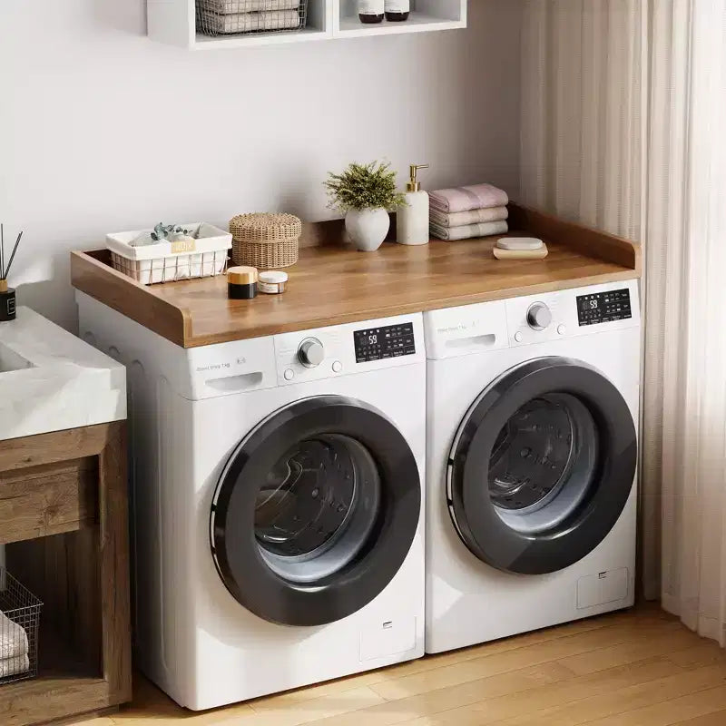 Comptoir pour lave-linge-sécheuse, dessus de machine à laver avec bord surélevé et tapis antidérapant pour le rangement des paniers à linge et l'organisation de la buanderie