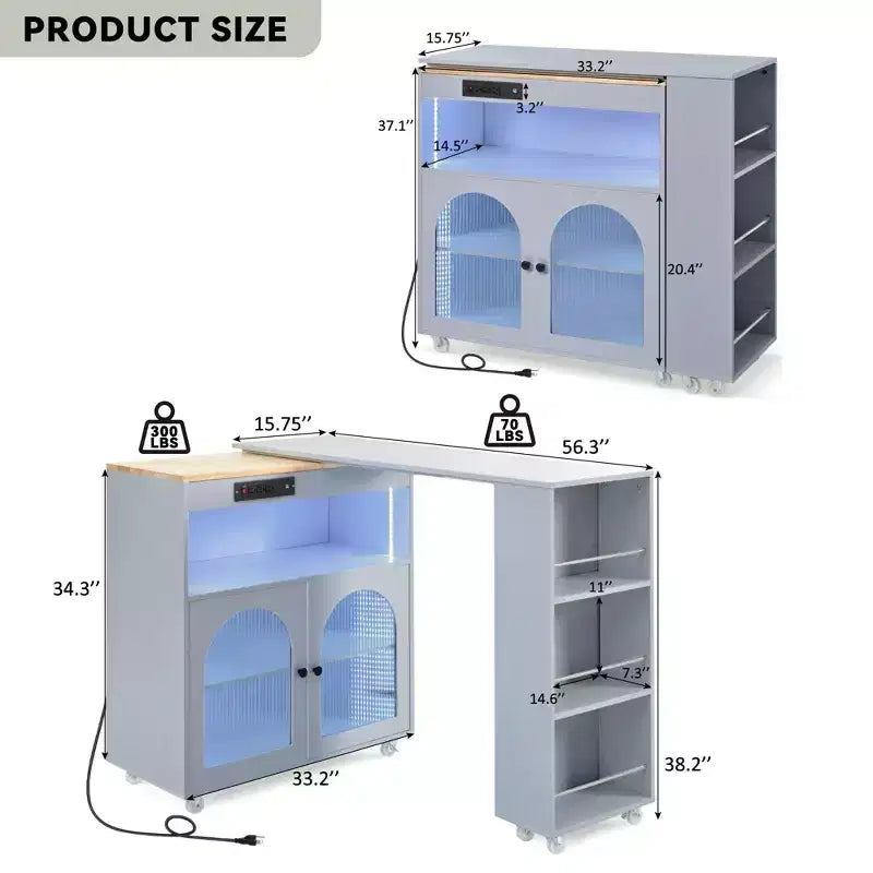 Îlot de cuisine roulant avec 2 portes en verre, Desserte de cuisine avec table extensible et prises de courant, Îlot de cuisine avec étagères ouvertes latérales