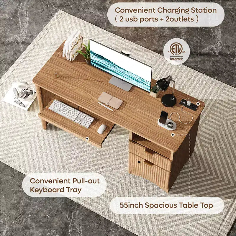 Bureau d'ordinateur intelligent Bestier 55, bureau en chêne avec tiroirs de classement et prise de courant, bureau de direction avec rangement ouvert et tiroir à clavier