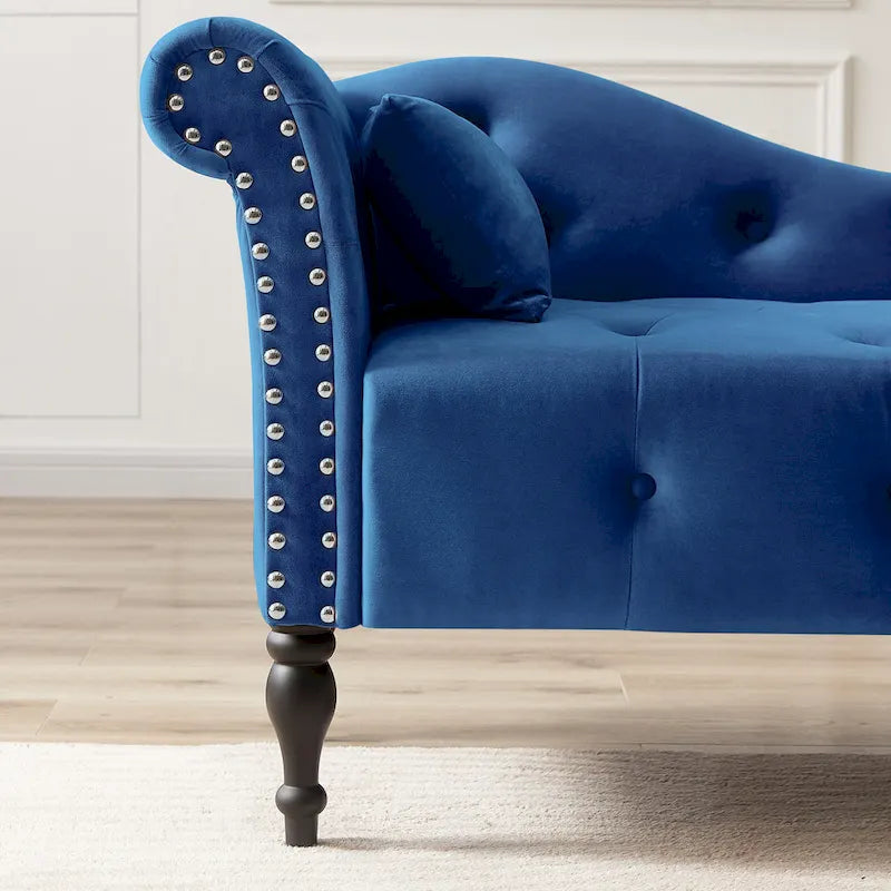 Chaise longue moderne de 154 cm avec revêtement en velours, boutons capitonnés, pieds en bois massif et clous de tapissier
