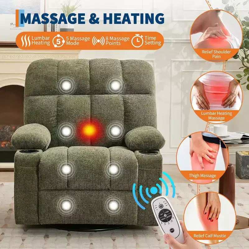 Fauteuil inclinable surdimensionné pour adultes, canapé berçant pivotant manuel, poches latérales et porte-gobelets pour personnes fortes et de grande taille, salon