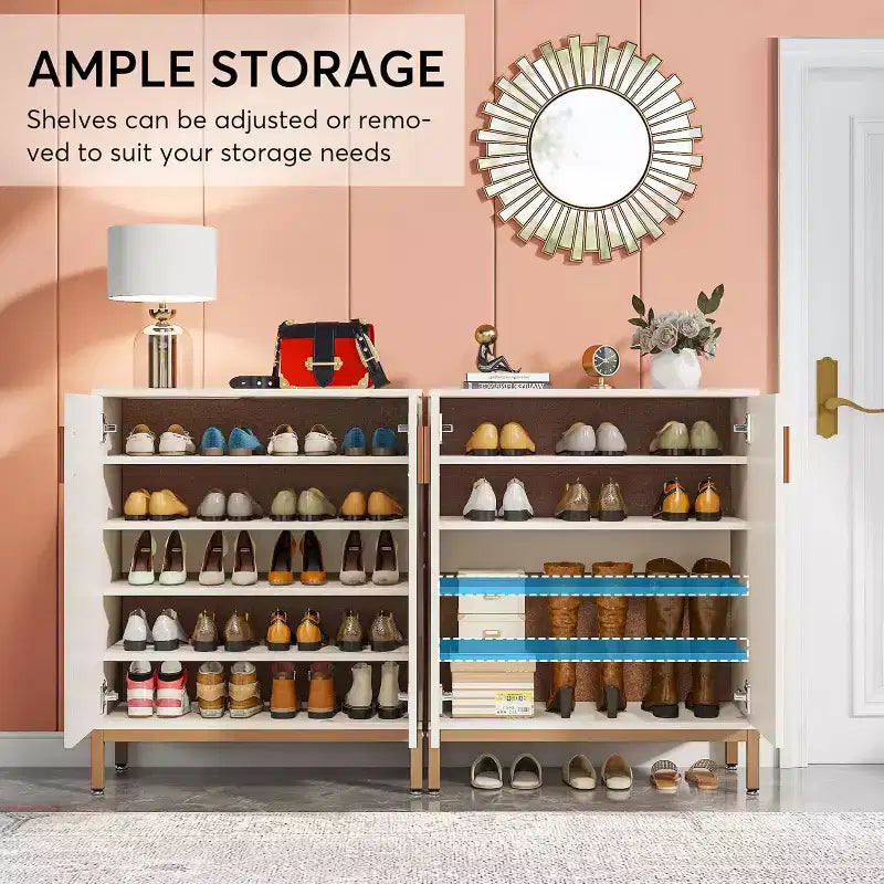 Meuble à Chaussures pour 20 Paires, Armoire de Rangement Moderne à 6 Niveaux avec Portes, Organisateur d'Entrée Autonome, Blanc et Or