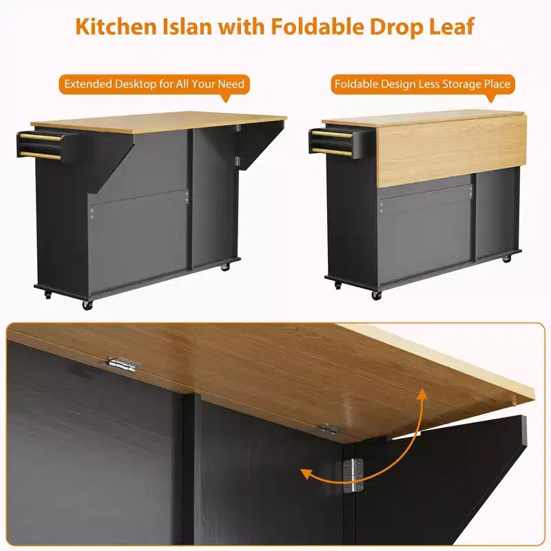 Table îlot mobile 55 avec prise de courant et abattant, chariot de cuisine roulant avec poubelle intégrée pour cuisine
