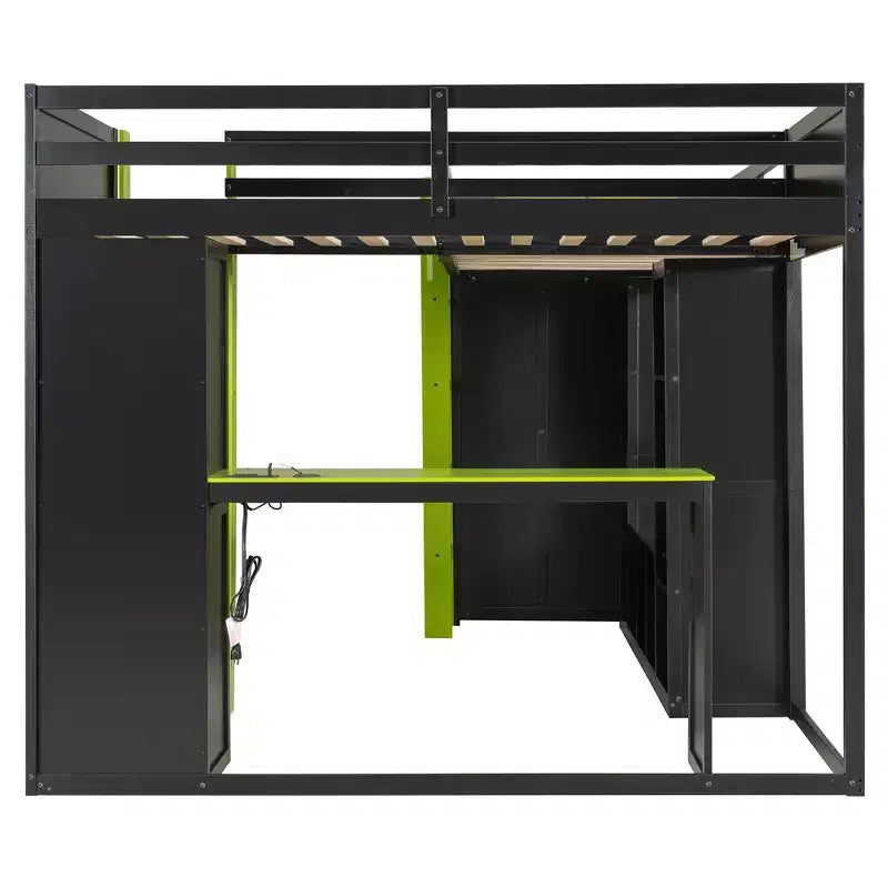 Lit mezzanine de jeu en L avec bureaux, lits superposés doubles avec lumières LED, ports USB, étagères de rangement, lit mezzanine d'angle en bois pour 2 personnes
