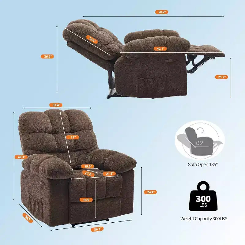 Fauteuil inclinable manuel, fauteuil inclinable ergonomique en tissu respirant avec poches latérales, canapé individuel, adapté au salon et à la chambre à coucher