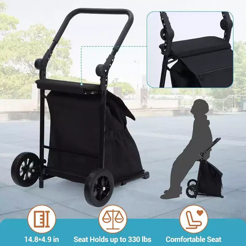 Chariot de transport pliable 2-en-1 Acekool avec sac étanche amovible, coussin d'assise épais et poignée antidérapante réglable, noir