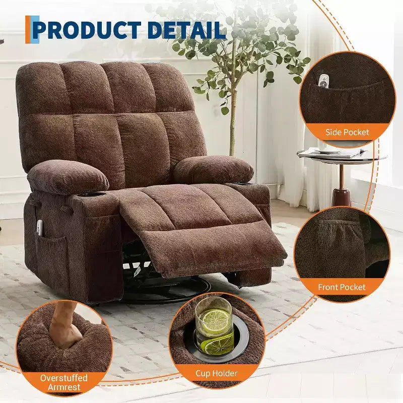 Fauteuil inclinable surdimensionné pour adultes, canapé berçant pivotant manuel, poches latérales et porte-gobelets pour personnes fortes et de grande taille, salon