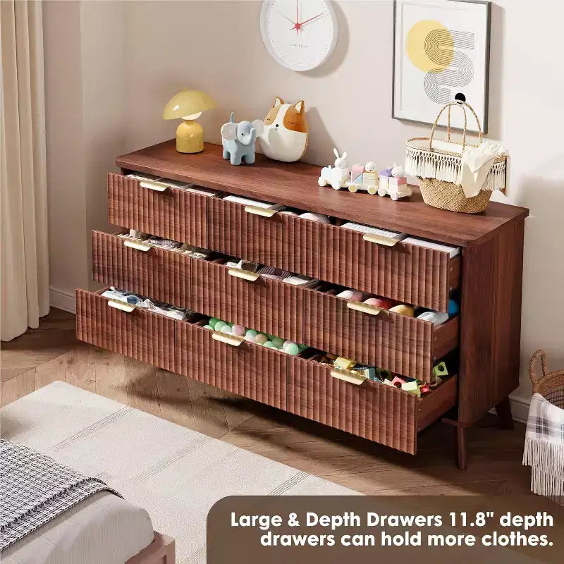 Commode cannelée à 9 tiroirs, commode moderne, meuble TV en bois, design à profil incurvé, pour salon, couloir