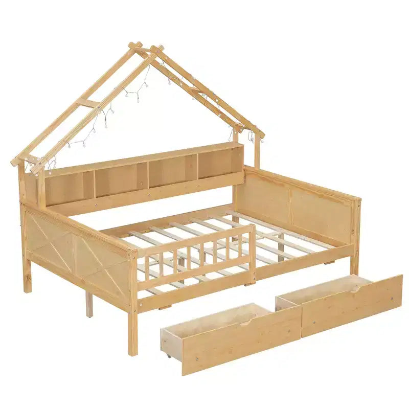 Cadre de lit maison pleine grandeur avec tiroirs, lit plate-forme maison avec lumières LED, étagères de rangement et tiroirs, lit de repos en bois avec toit et garde-corps