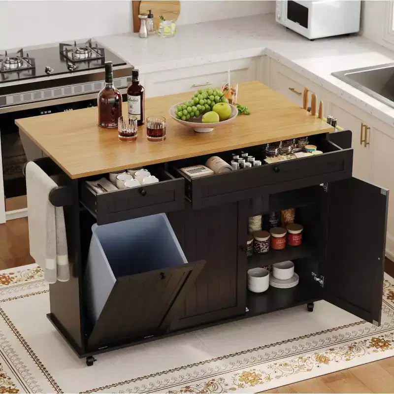 Table îlot mobile 55 avec prise de courant et abattant, chariot de cuisine roulant avec poubelle intégrée pour cuisine