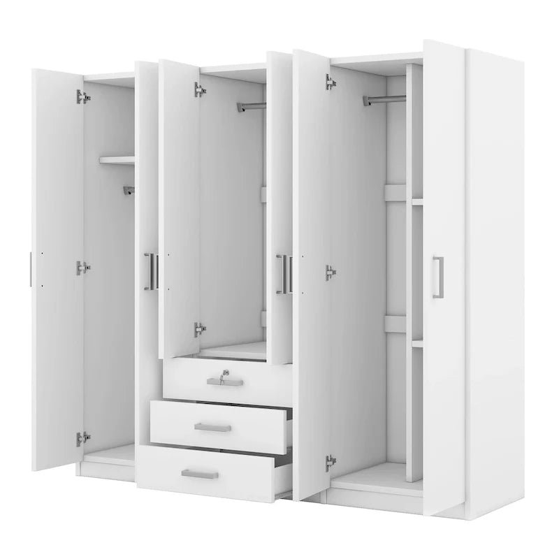 Armoire 6 portes en bois avec 3 grands tiroirs de rangement pour chambre à coucher