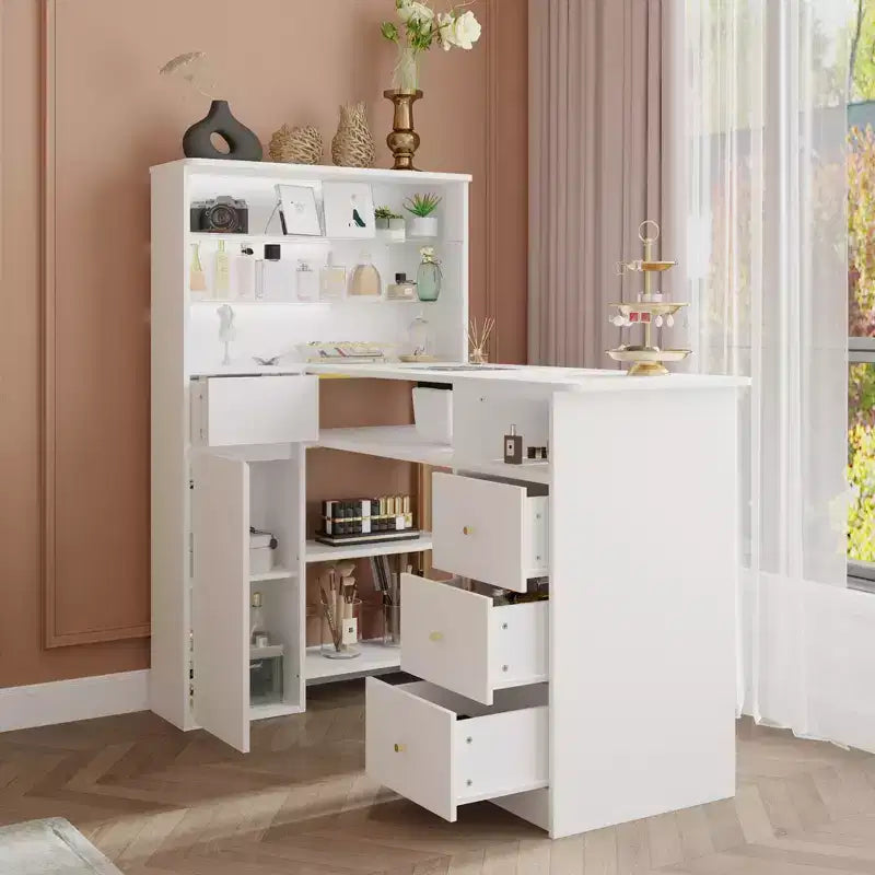 Table à ongles blanche avec extracteur de poussière intégré, écran en verre trempé, poignées dorées, poste de travail de salon de manucure, table de maquillage