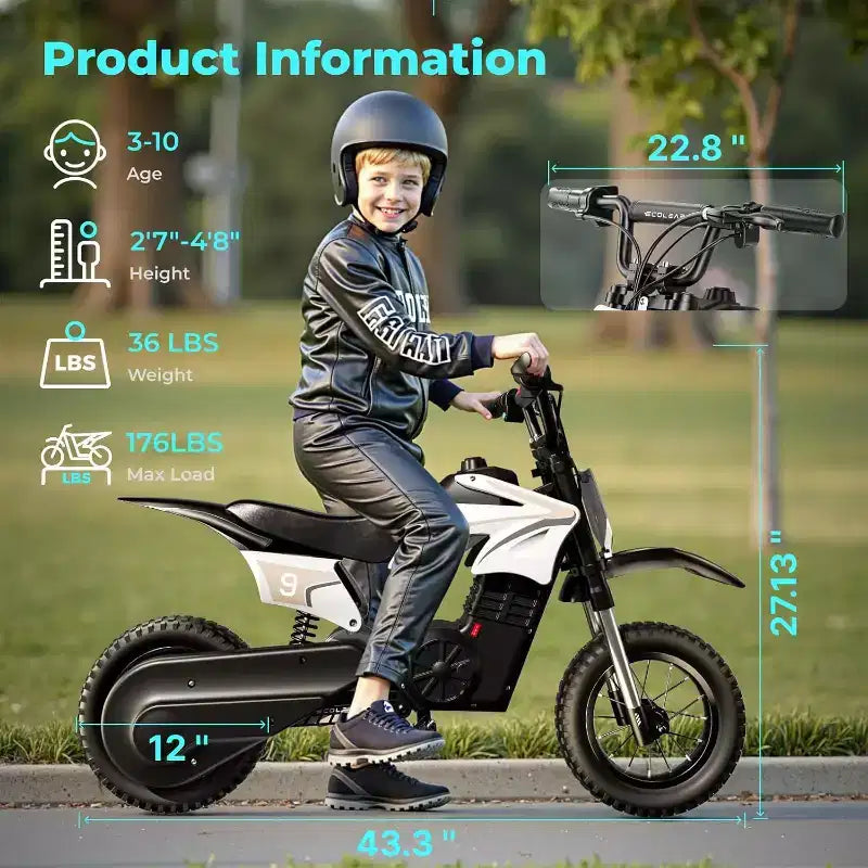 Moto tout-terrain électrique pour enfants ECOLEAP K1, 36V, rapide (25 km/h), autonomie de 22 km, moteur de pointe 700W, 3 modes de vitesse, pneus tout-terrain de 12 pouces, homologuée UL, pour les 3-10 ans.