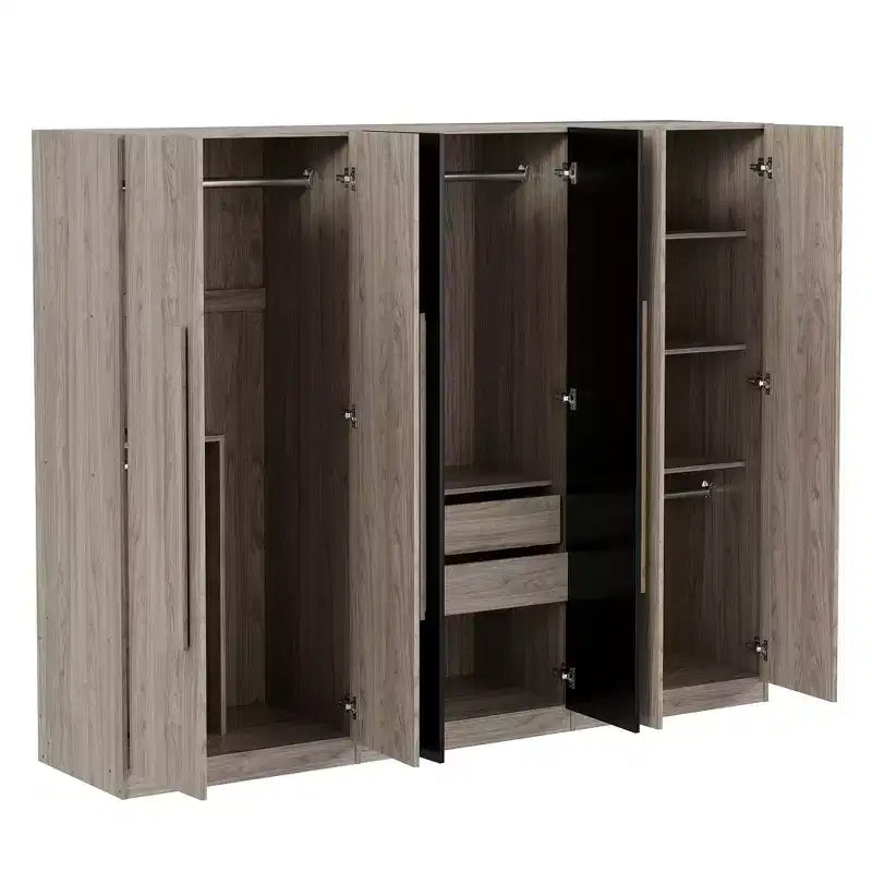 83W Armoire 6 Portes, Rangement de Vêtements avec 2 Tiroirs, Tringles et Étagères, Noir+Naturel-ModernLuxe