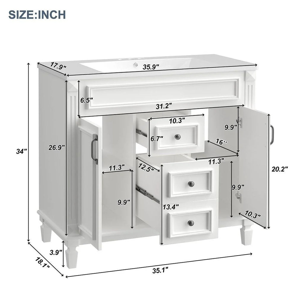 Meuble-lavabo de salle de bain moderne de 91 cm avec lavabo et armoire de toilette, 2 portes et 2 tiroirs