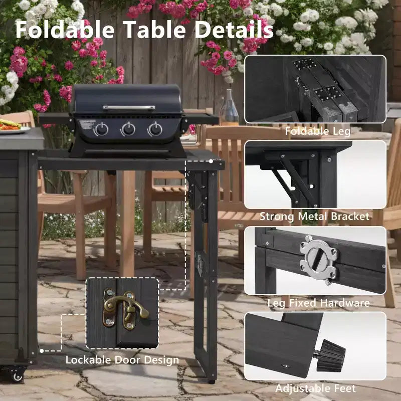 Îlot de cuisine extérieure de 198,9 cm avec comptoir en acier inoxydable, station de barbecue pliable et armoires de rangement, noir