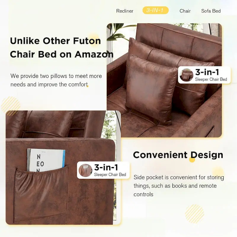 Fauteuil convertible 3-en-1, plusieurs coloris, une place