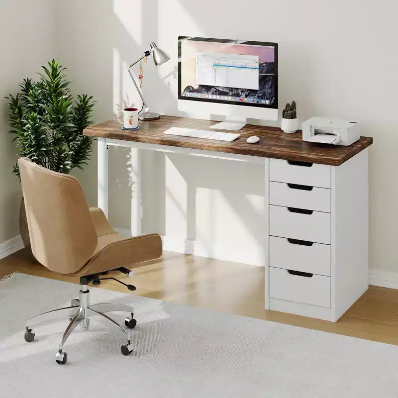 Bureau d'ordinateur de 119 cm avec 5 tiroirs de rangement, table d'étude/d'écriture réversible de style rustique moderne, poste de travail de bureau à domicile pour petits espaces