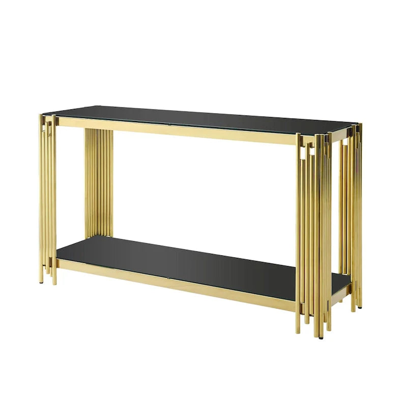 Console étroite à 2 niveaux avec structure en métal doré et plateau en verre trempé