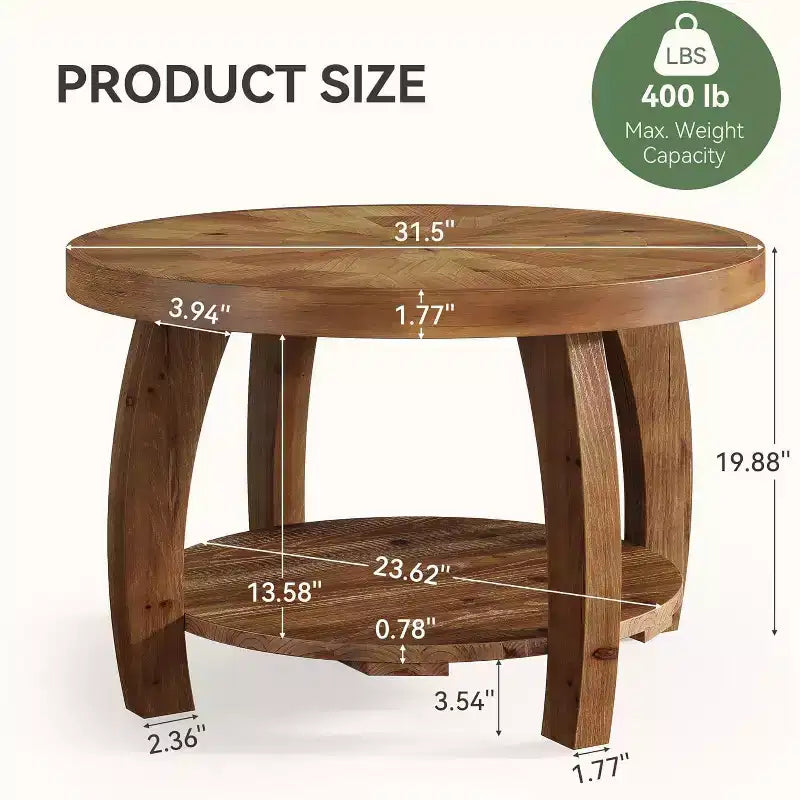 Table basse ronde en bois massif Lantine, table centrale à 2 niveaux avec rangement, plateau de 80 cm avec motif mosaïque, assemblage facile, pour salon, marron