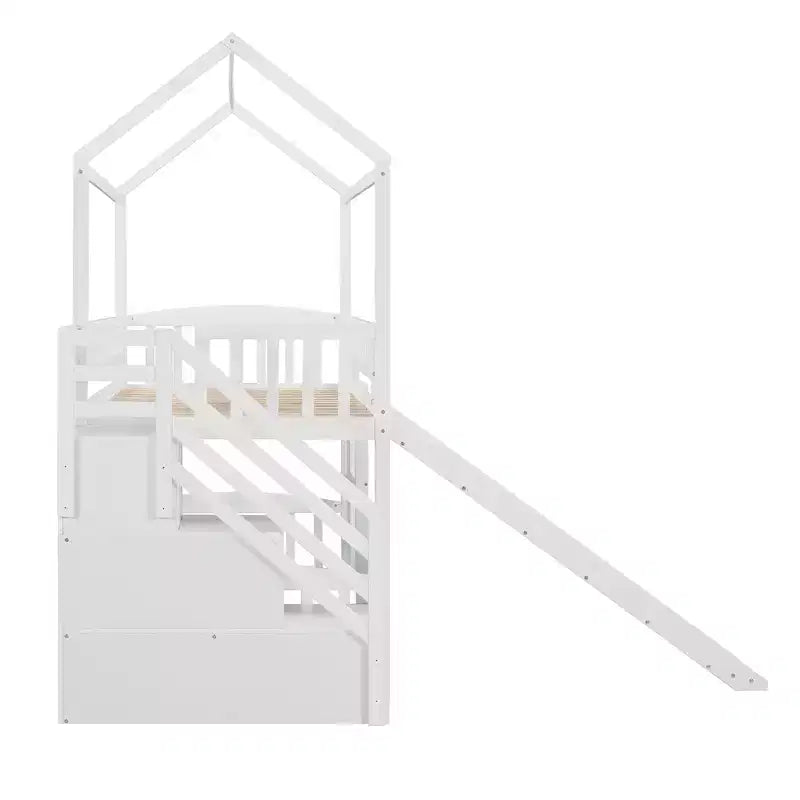 Lit mezzanine jumeau avec toboggan et escalier, lit mezzanine avec tiroirs de rangement, lit mezzanine cabane en bois pour enfants et tout-petits