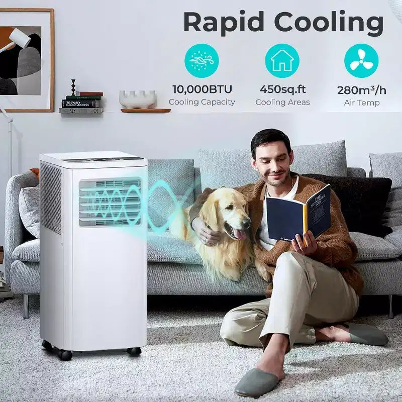 Climatiseur portable 8 000 BTU, unité 3-en-1 avec 4 modes, minuterie, écran LED, télécommande et kit d'installation, pour chambre/salon/bureau, Blanc.