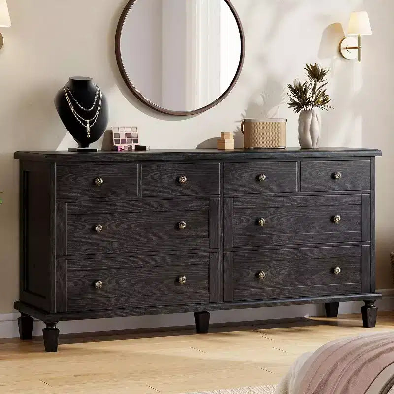 Commode à 8 tiroirs pour chambre à coucher, meuble TV vintage de 59 po avec poignées sculptées et pieds fuselés, commode en bois avec grande capacité de rangement