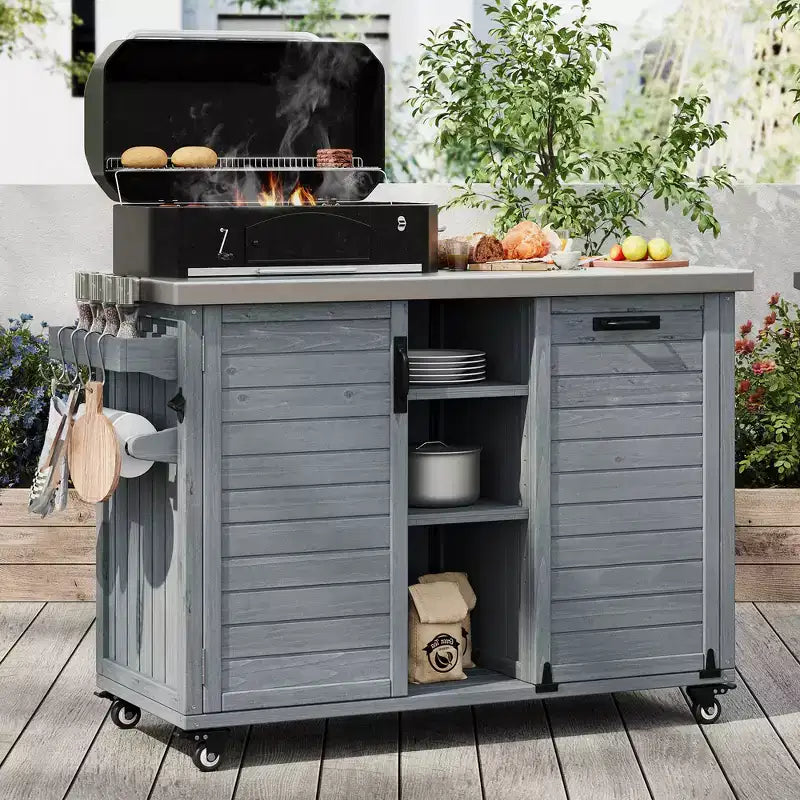 Îlot de cuisine d'extérieur FAMYYT de 198,9 cm avec comptoir en acier inoxydable, station de barbecue pliable et armoires de rangement, Bleu Gris