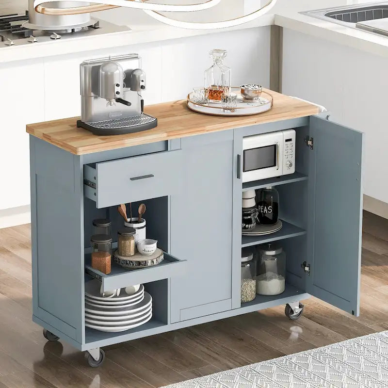 Îlot de cuisine avec plan de travail pliable, desserte de rangement de cuisine avec étagère coulissante, porte-serviettes et tiroir, roulettes.