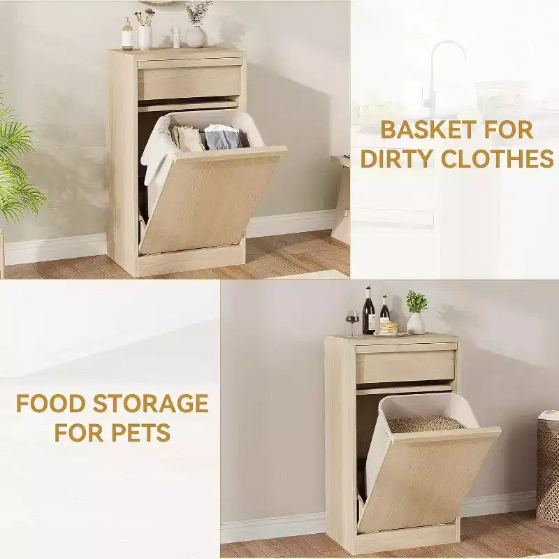 Poubelle inclinable, chêne naturel, poubelle avec rangement et tiroir, meuble poubelle caché, panier à linge pour cuisine, salle à manger, salon