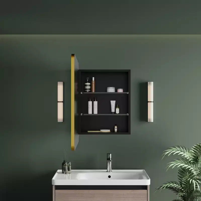 Armoire à pharmacie LED noire / blanche / dorée, porte simple, charnière à gauche ou à droite, encastrée ou murale