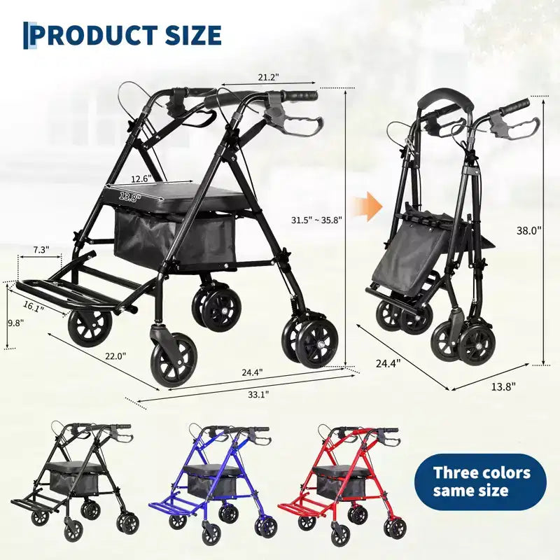 Fauteuil roulant pliable portable pour adultes, capacité de 135 kg, 6 roues, hauteur réglable, rangement sous le siège, siège et repose-pieds confortables