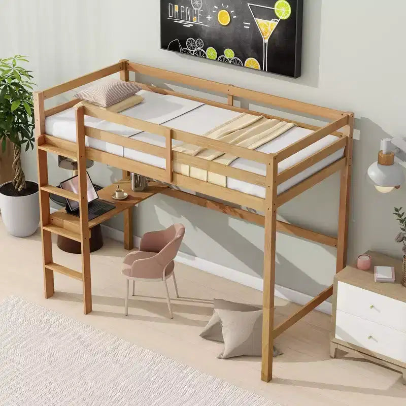 Lit mezzanine Okak Minimalism avec échelle, lit mezzanine simple en bois d'hévéa avec garde-corps de sécurité et bureau intégré, cadres de lit pour enfants, adolescents